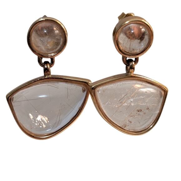 Gold-Plated Rutilated Quartz Geometric Dangle Post Earrings - Picture 2 of 8
